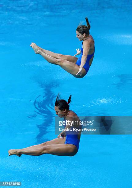 Tammy Takagi and Juliana Veloso of Brazil compete in the Women's Diving Synchronised 3m Springboard Final on Day 2 of the Rio 2016 Olympic Games at...