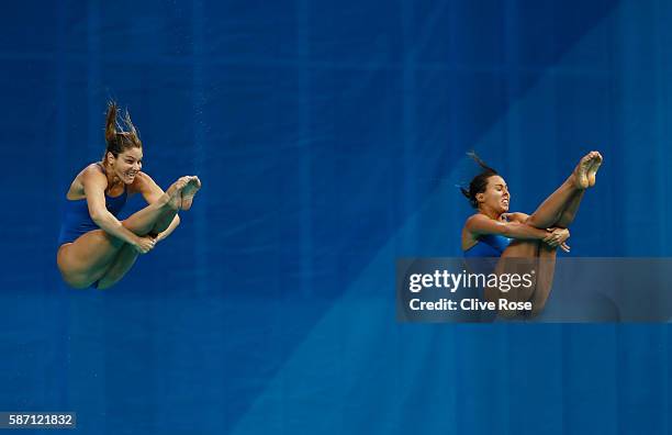 Tammy Takagi and Juliana Veloso of Brazil compete in the Women's Diving Synchronised 3m Springboard Final on Day 2 of the Rio 2016 Olympic Games at...