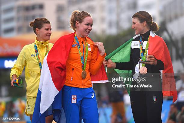 31st Rio 2016 Olympics / Women's Road Race Podium / Emma JOHANSSON Silver Medal / Anna VAN DER BREGGEN Gold Medal / Elisa LONGO BORGHINI Bronze Medal...