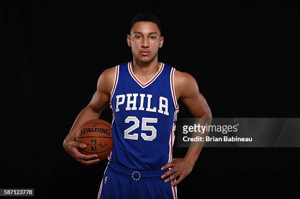 Ben Simmons of the Philadelphia 76ers poses for a portrait during the 2016 NBA rookie photo shoot on August 7, 2016 at the Madison Square Garden...