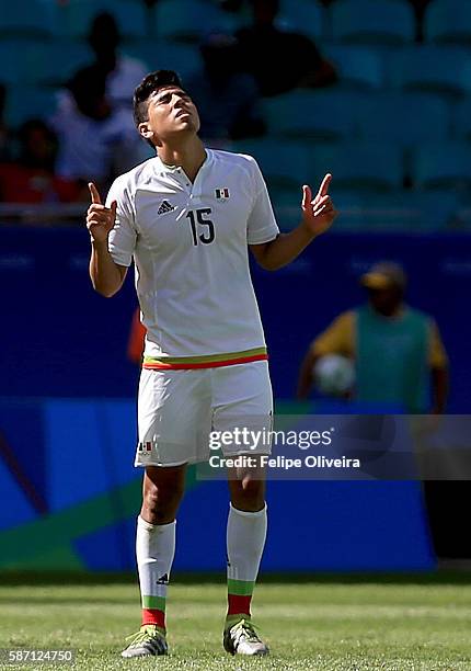 Michael Perez of Mexico reacts during the Men's First Round Group C match between Fiji and Mexico at Arena Fonte Nova on August 7, 2016 in Salvador,...