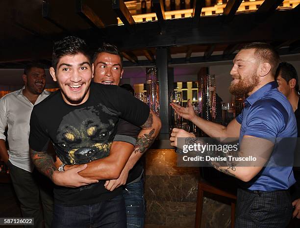 Dillon Danis, Cristiano Ronaldo and Connor McGregor attend Jennifer Lopez's birthday at Nobu Villa Atop Nobu Hotel at Caesars Palace on July 24, 2016...