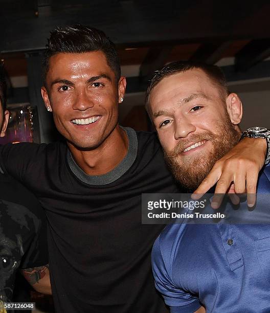 Cristiano Ronaldo and Connor McGregor attend Jennifer Lopez's birthday at Nobu Villa Atop Nobu Hotel at Caesars Palace on July 24, 2016 in Las Vegas,...