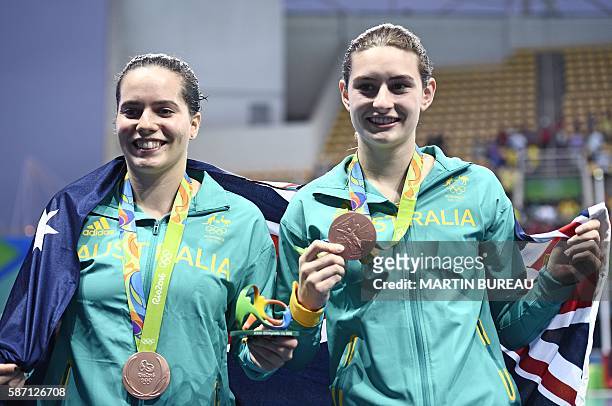 Bronze medallists Australia's Maddison Keeney and Australia's Anabelle Smith pose during the podium ceremony of the Women's Synchronized 3m...