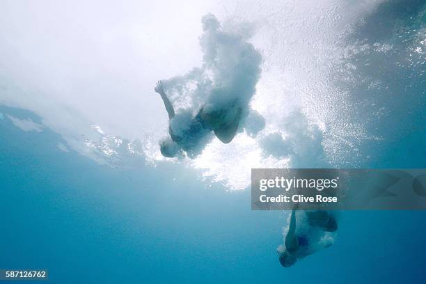 Tammy Takagi and Juliana Veloso of Brazil compete in the Women's Diving Synchronised 3m Springboard Final on Day 2 of the Rio 2016 Olympic Games at...