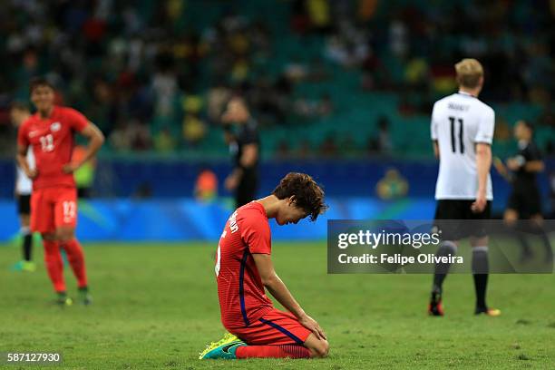 Seunghyun Jung of Korea reacts during the Men's First Round Group C match between Germany and Korea at Arena Fonte Nova on August 7, 2016 in...