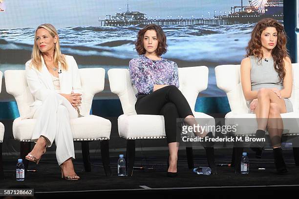 Actors Maria Bello, Olivia Thirlby and Tania Raymonde speak onstage at 'Goliath' panel discussion during the Amazon portion of the 2016 Television...