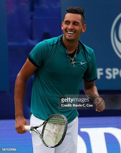 Nick Kyrgios of Australia reacts in the match against John Isner during the finals of the BB&T Atlanta Open at Atlantic Station on August 7, 2016 in...