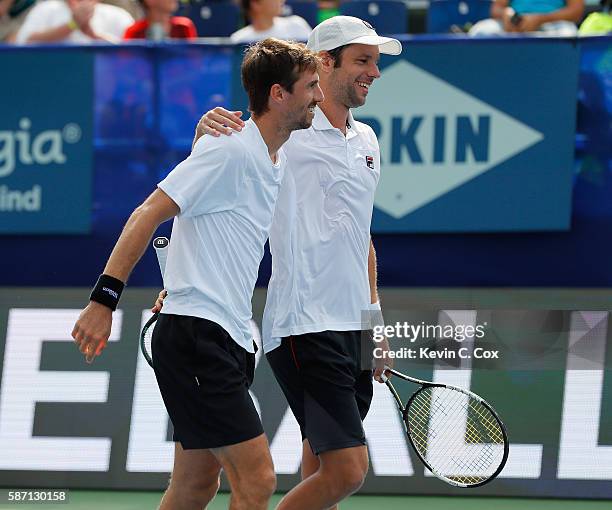 Horacio Zeballos and Andres Molteni of Argentina celebrate after defeating Johan Brunstrom and Andreas Siljestrom of Sweden during the finals of the...