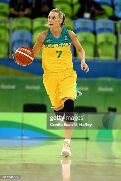 Penny Taylor of Australia dribbles upcourt against Turkey during a Women's Basketball Preliminary Round game at the Rio 2016 Olympic Games on August...