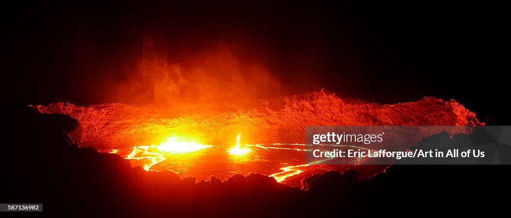 Panorama of the the living lava lake in the crater of erta ale volcano, Afar region, Erta ale, Ethiopia