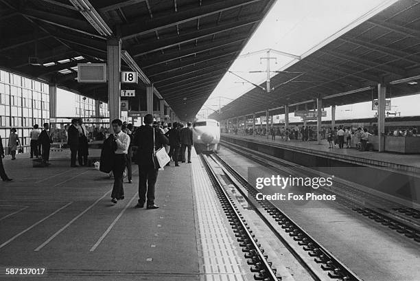 Bullet train arrives in Tokyo from Osaka, Japan, Japan 1970.