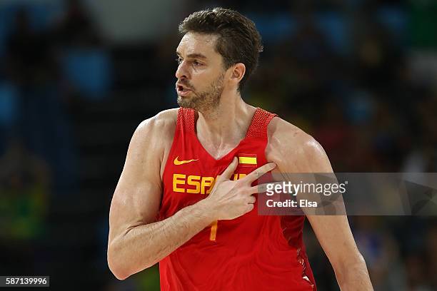 Pau Gasol of Spain reacts after a shot against Croatia during a Men's preliminary round basketball game between Croatia and Spain on Day 2 of the Rio...