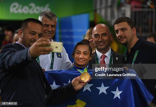 Gold medalist Majlinda Kelmendi is the centre of attention after the medal presentation in the Women's -52kg Judo on Day 2 on Day 2 of the Rio 2016...