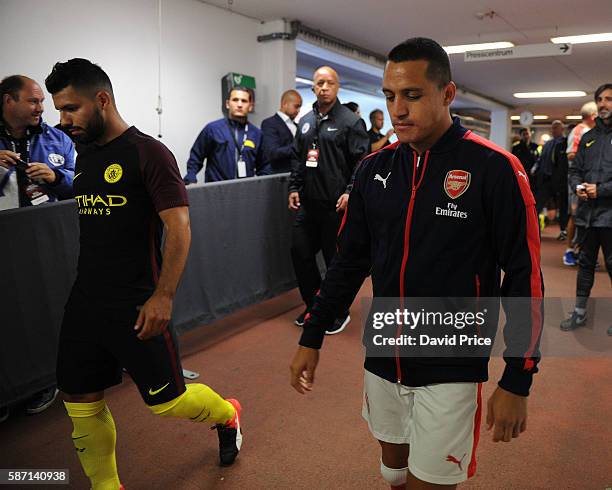 Alexis Sanchez of Arsenal and Sergio Aguero of Man City in the tunnel before the match between Arsenal and Manchester City at Ullevi on August 7,...