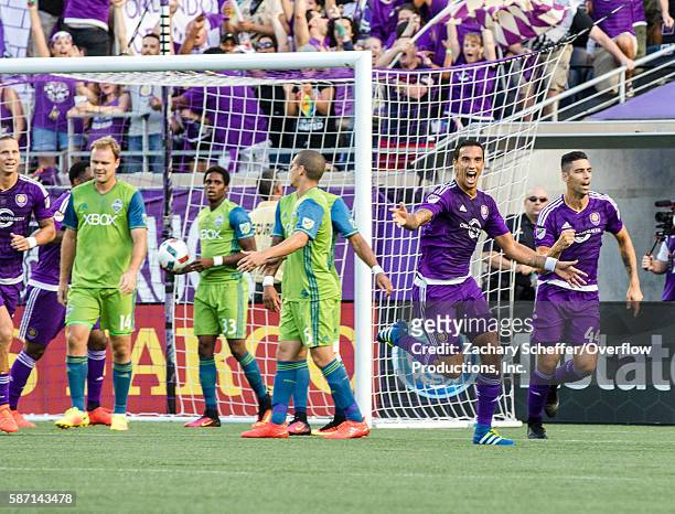 August 07: Seb Hines celebrates his first half header goal for Orlando against Seattle at Citrus Bowl on August 07, 2016 in Orlando, Florida.