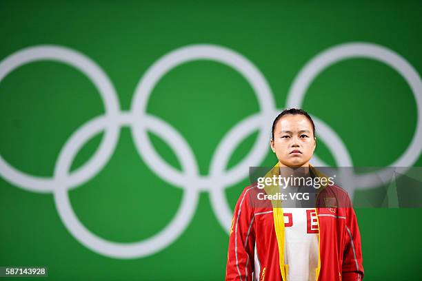 Li Yajun of China competes during the Women's 53kg weightlifting contest on Day 2 of the Rio 2016 Olympic Games at Riocentro - Pavilion 2 on August...