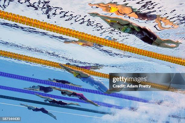 Emma McKeon, Sarah Sjostrom of Sweden, Rikako Ikee of Japan, Penny Oleksiak of Canada and Jeanette Ottesen of Denmark compete in the Women's 100m...