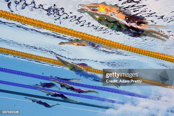 Emma McKeon, Sarah Sjostrom of Sweden, Rikako Ikee of Japan, Penny Oleksiak of Canada and Jeanette Ottesen of Denmark compete in the Women's 100m...