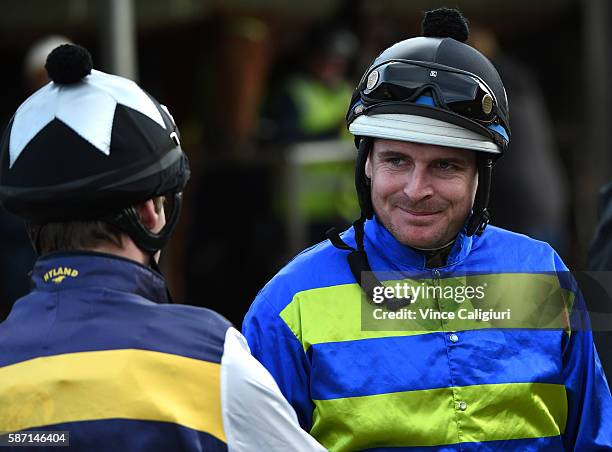 Luke Nolen is seen before riding Jameka in Heat One during the Cranbourne barrier trials on August 8, 2016 in Cranbourne, Australia.