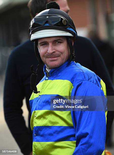 Luke Nolen is seen before riding Jameka in Heat One during the Cranbourne barrier trials on August 8, 2016 in Cranbourne, Australia.