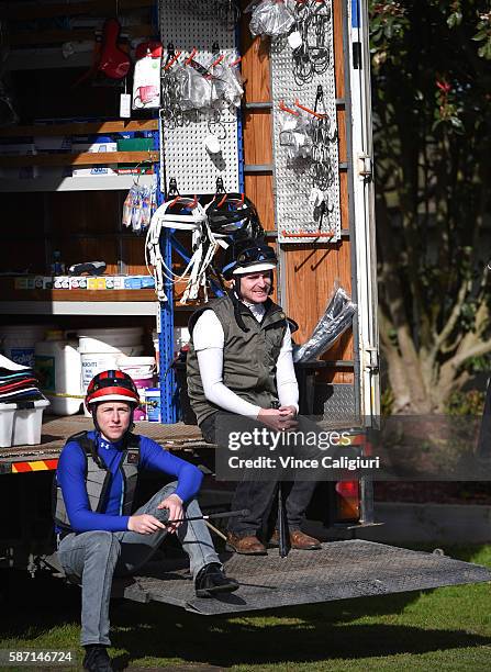 Damian Lane and Damian Lane wait for trials to begin during the Cranbourne barrier trials on August 8, 2016 in Cranbourne, Australia.