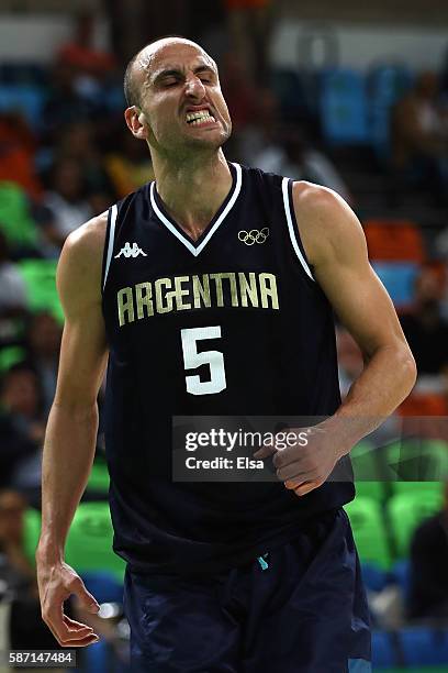 Manu Ginobili of Argentina reacts during a Men's preliminary round basketball game between Nigeria and Argentina on Day 2 of the Rio 2016 Olympic...