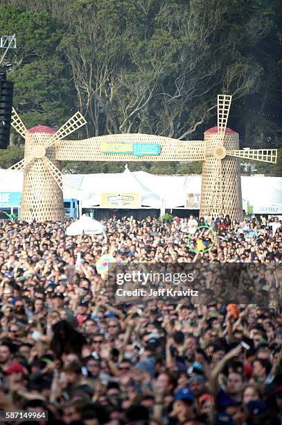 Festival goers watch Major Lazer perform on the Lands End Stage during the 2016 Outside Lands Music And Arts Festival at Golden Gate Park on August...