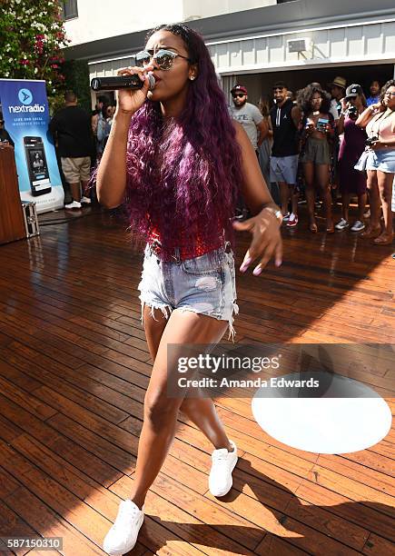 Singer Justine Skye performs at the NextRadio App Summer Pool Party Series with Kid Ink and Justine Skye at Mondrian Los Angeles on August 7, 2016 in...