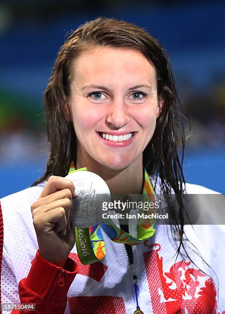 Jazz Carlin of Great Britain poses with her Silver medal from the Women's 400m Freestyle during Day 2 of the Rio 2016 Olympic Games at Olympic...