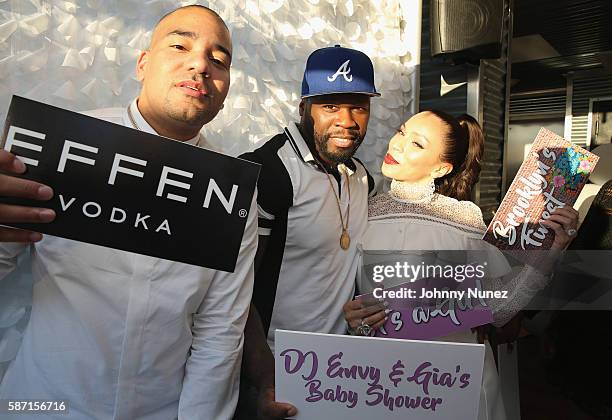 Envy, 50 Cent and Gia Casey attend a Surprise Baby Shower For Gia Casey Hosted By 50 Cent at STK on July 24, 2016 in New York City.