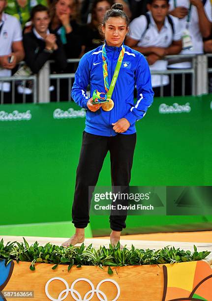 Under 52kg gold medallist, Majlinda Kelmendi of Kosovo during the medal ceremony on day 2 of the 2016 Rio Olympic Judo on Sunday, August 07 held at...