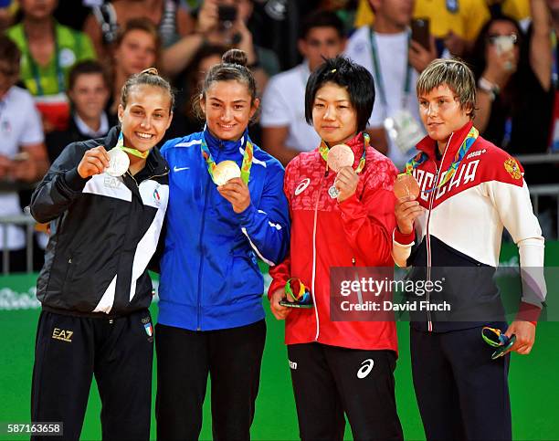 Under 52kg medallists L-R: Silver; Odette Giuffrida of Italy , Gold; Majlinda Kelmendi of Kosovo, Bronzes; Misato Nakamura of Japan and Natalia...