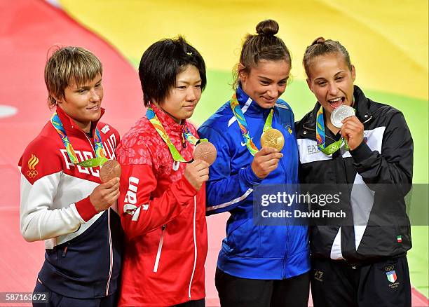 Under 52kg medallists L-R: Bronzes; Natalia Kuziutina of Russia and Misato Nakamura of Japan, Gold; Majlinda Kelmendi of Kosovo and Silver; Odette...