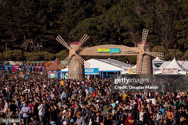 The Lands End Windmills and crowd during the Outside Lands Music Festival 2016 at Golden Gate Park on August 7, 2016 in San Francisco, California.