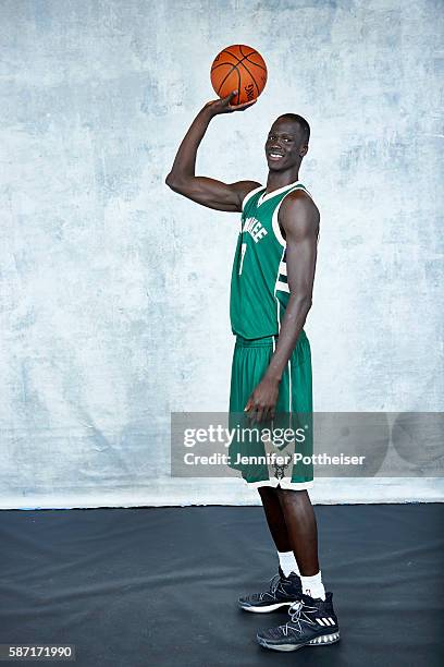 Thon Maker of the Milwaukee Bucks poses for a portrait during the 2016 NBA rookie photo shoot on August 7, 2016 at the Madison Square Garden Training...