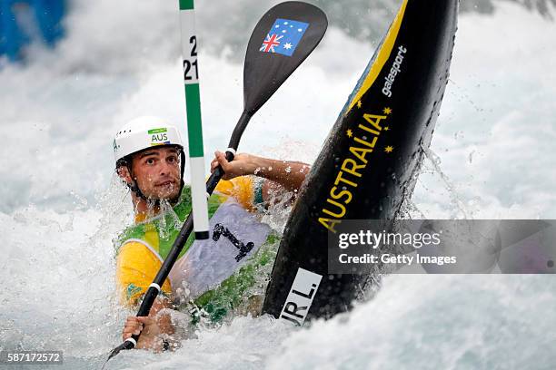 Lucien Delfour of Australia competes during the Kayak Men Heats on Day 2 of the Rio 2016 Olympic Games at the Whitewater Stadium on August 7, 2016 in...