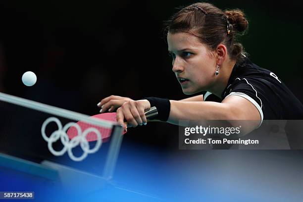 Petrissa Solja of Germany competes against Myong Sun Ri of North Korea during Round 3 of the Women's Singles Table Tennis on Day 3 of the Rio 2016...