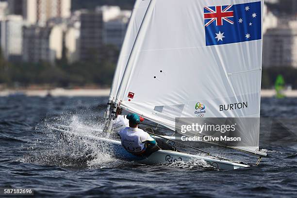 Tom Burton of Australia competes during the Men's Laser Race 1 on Day 3 of the Rio 2016 Olympic Games at Marina da Gloria on August 9, 2016 in Rio de...