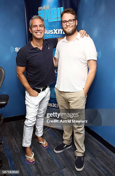 SiriusXM host Andy Cohen and actor Seth Rogen pose for photos during a taping SiriusXM's Radio Andy at the SiriusXM Studios on August 8, 2016 in New...