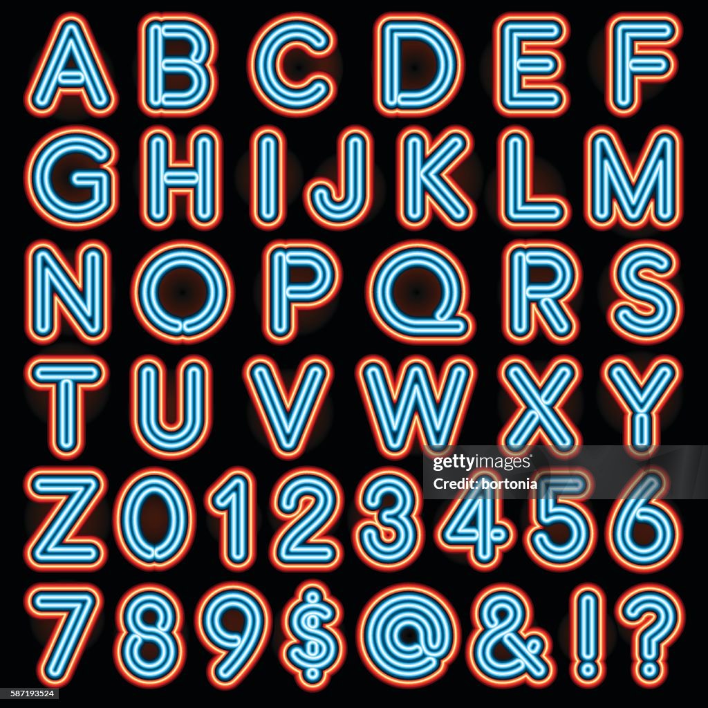 Red and Blue Neon Style Lettering Alphabet Set