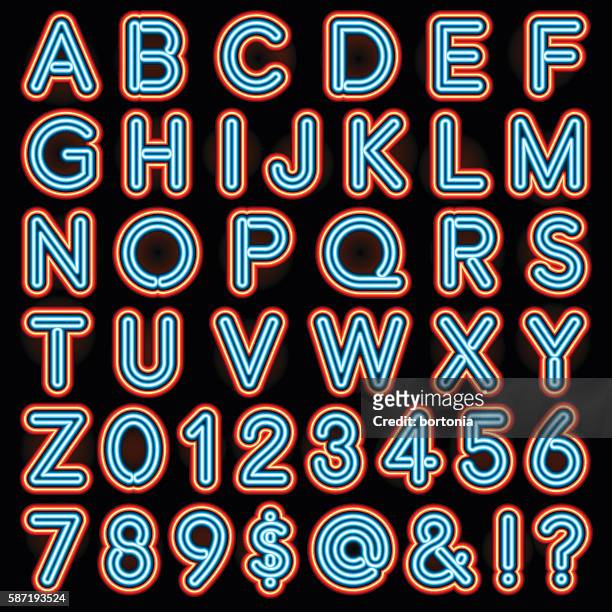 red and blue neon style lettering alphabet set - illuminated alphabet stock illustrations