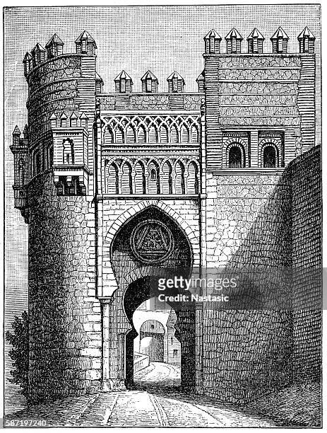 stockillustraties, clipart, cartoons en iconen met puerta del sol, one of the gates in toledo, spain - old castle entrance