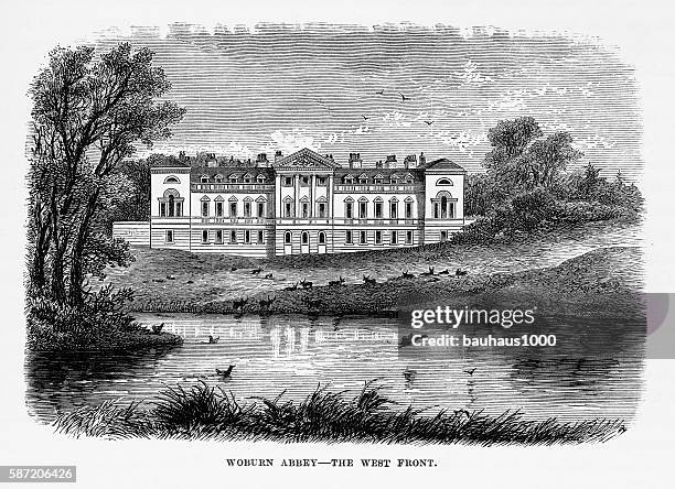 victorian engraving of woburn abbey in woburn, england, circa 1840 - victorian mansion stock illustrations