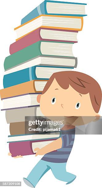 little boy is carrying a big pile of books - comedy store stock illustrations