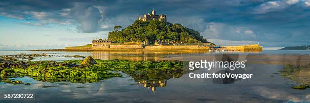cornwall st michaels mount ocean island summer sunrise panorama uk - cornwall england stock pictures, royalty-free photos & images