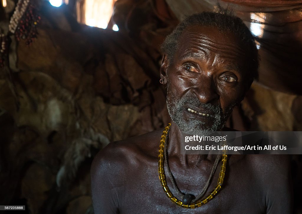 Old hamer tribe man in his hut, Omo valley, Turmi, Ethiopia