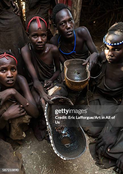 Circumcised boys from the dassanech tribe staying together until they are healed, omo valley, omorate, Ethiopia on March 16, 2016 in Omorate,...