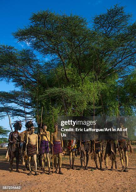 Dassanech men with leopard skins and ostrich feathers headwears during dimi ceremony to celebrate circumcision of teenagers, omo valley, omorate,...