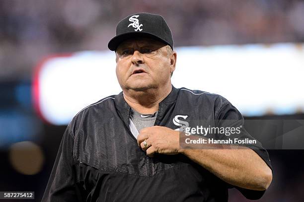 Pitching coach Don Cooper of the Chicago White Sox looks on during the game against the Minnesota Twins on July 30, 2016 at Target Field in...